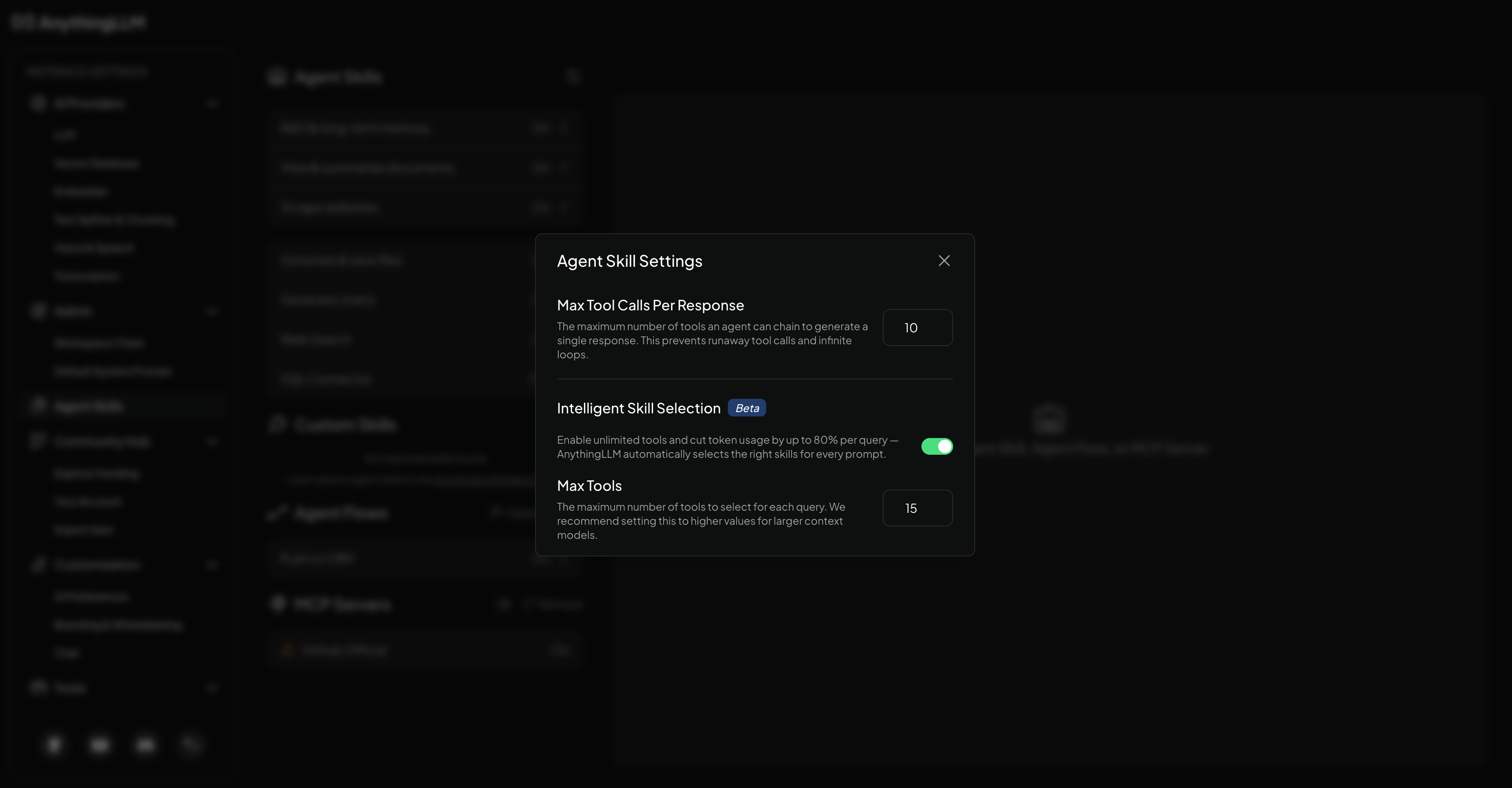 AnythingLLM Agent Settings Menu