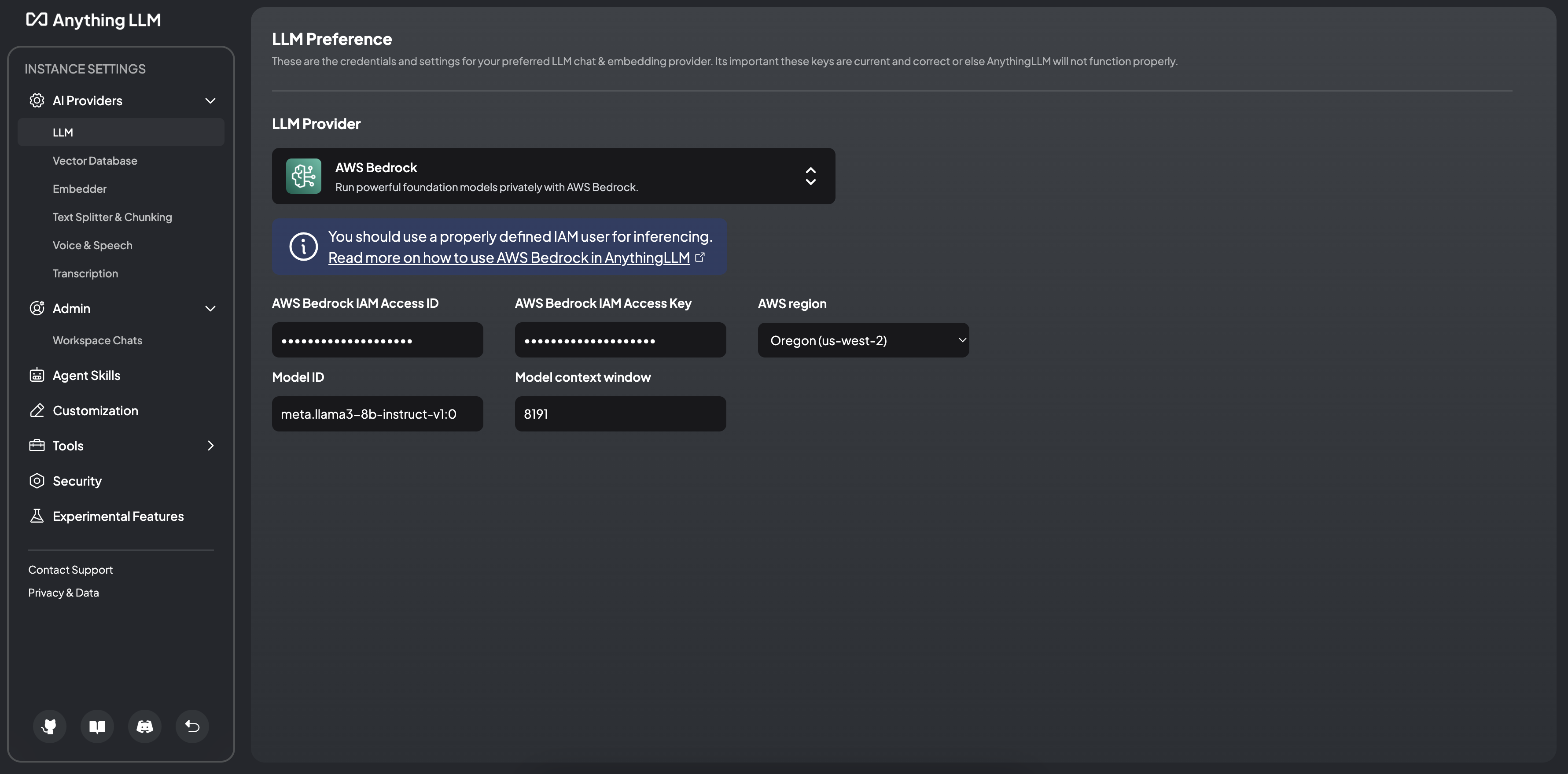 AWS Bedrock LLM settings