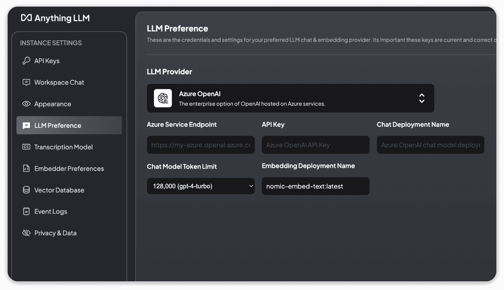 Azure OpenAI LLM settings