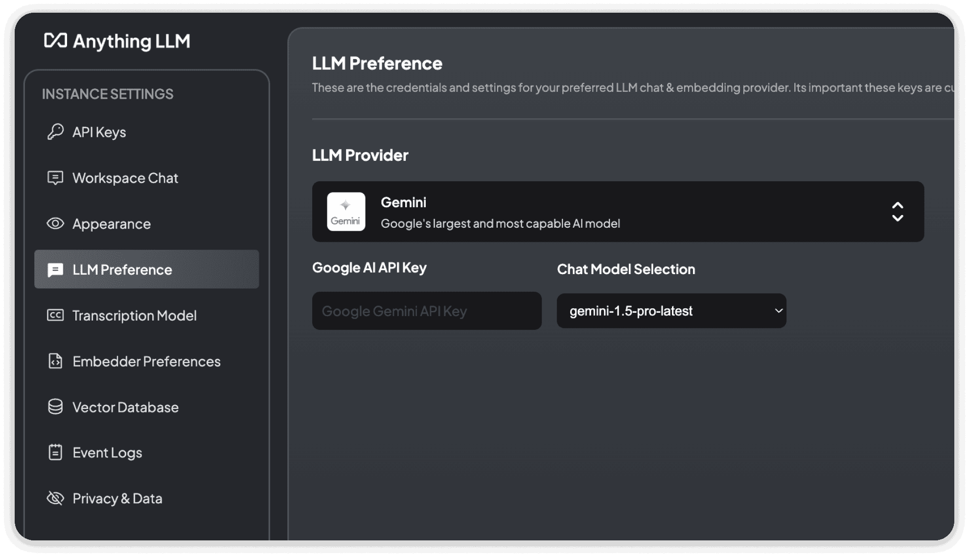 Google Gemini LLM settings