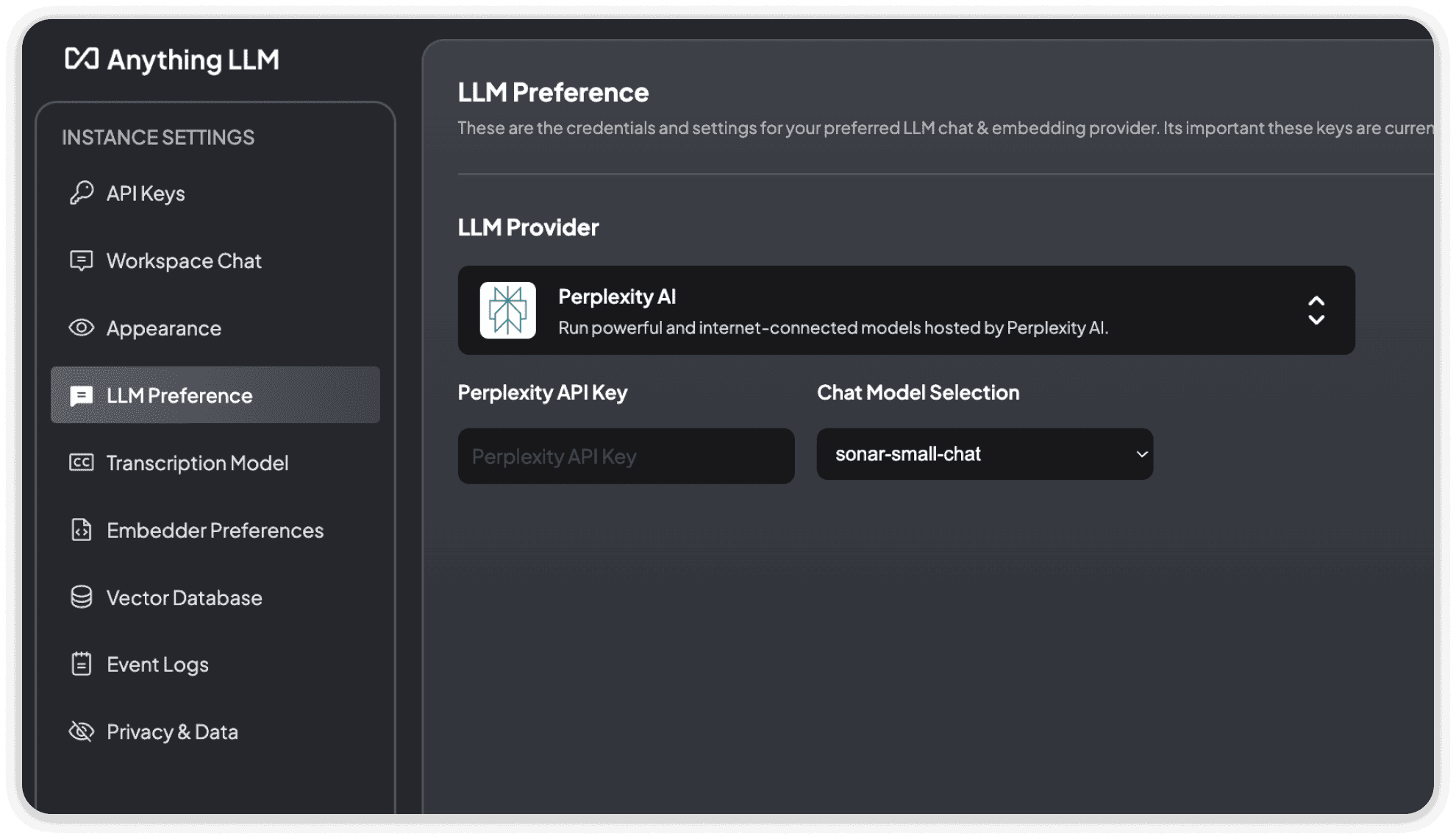 Perplexity AI LLM settings