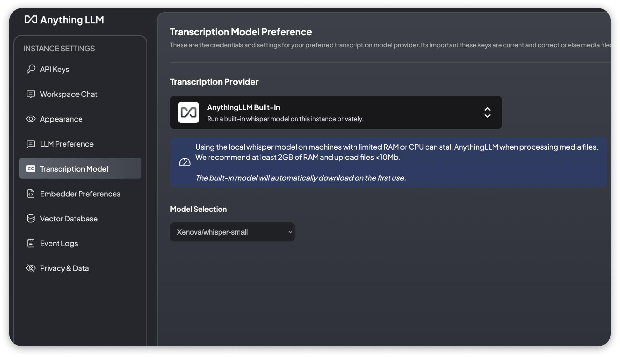 AnythingLLM Default Transcription Model Settings