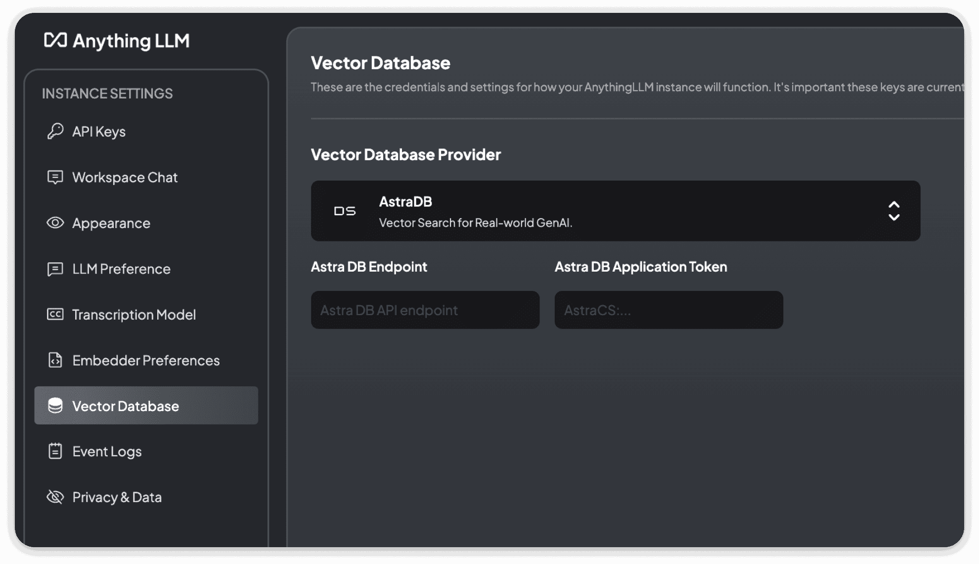 AstraDB Vector Database Settings