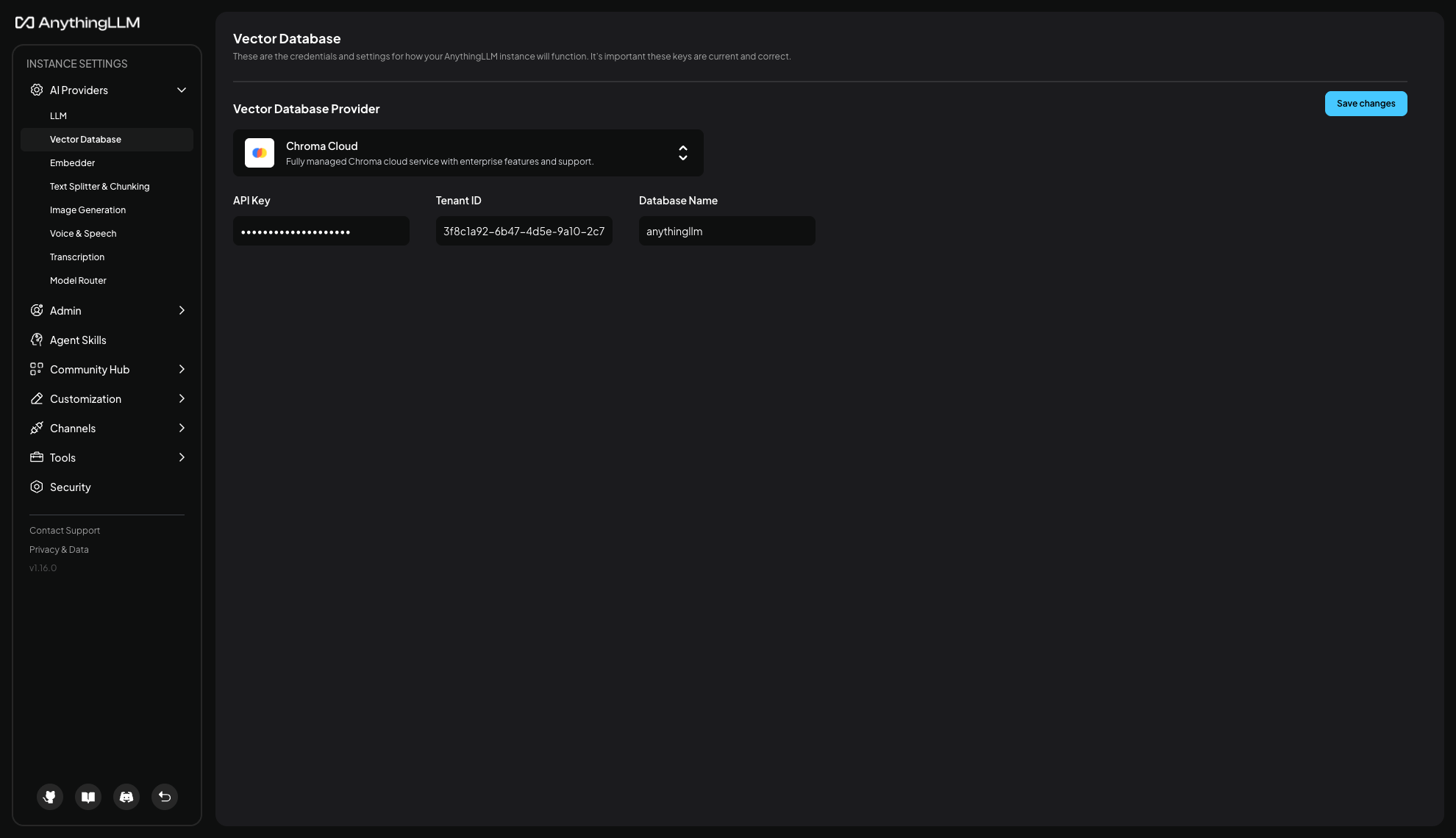 Chroma Cloud Vector Database Settings