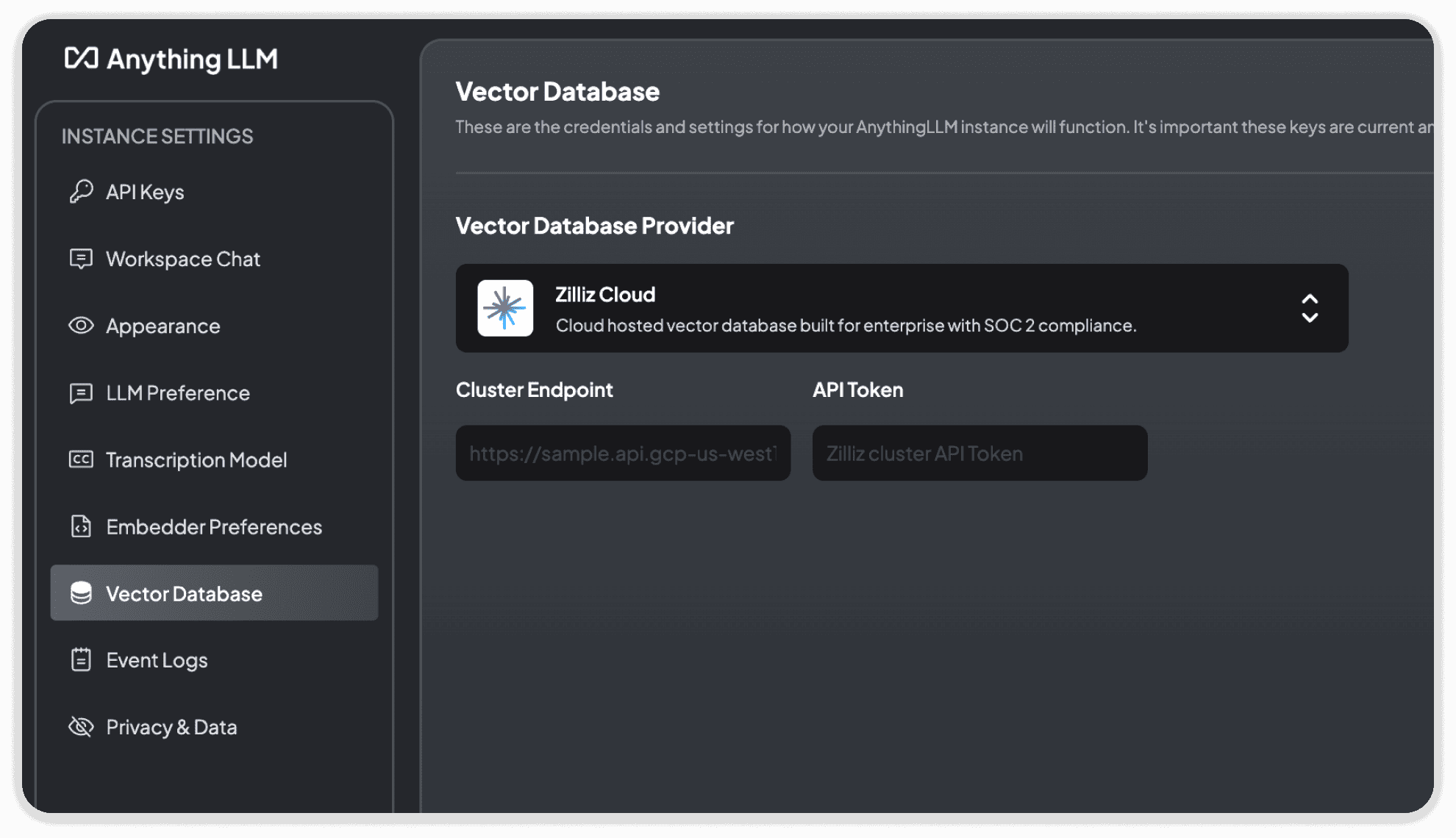 Zilliz Vector Database Settings