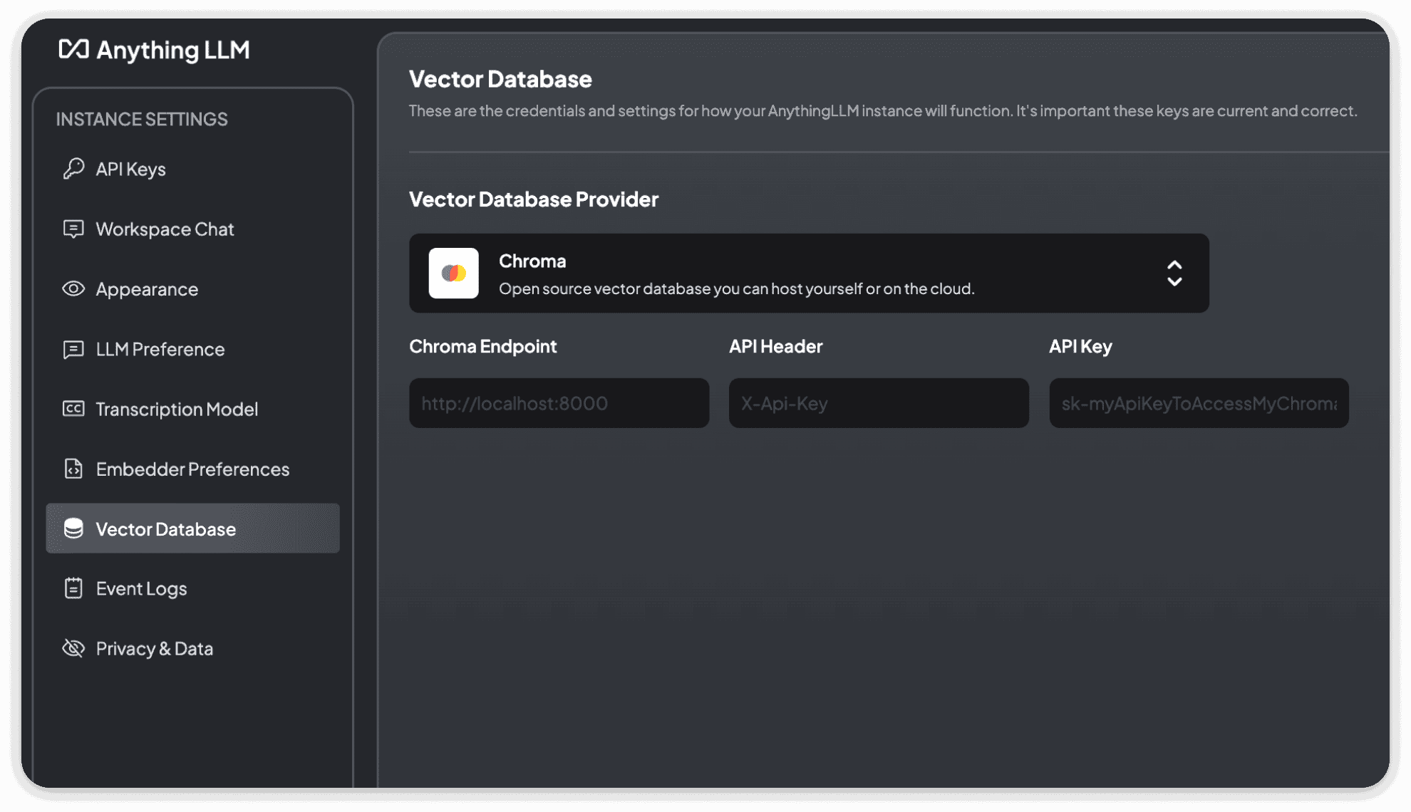 Chroma Vector Database Settings