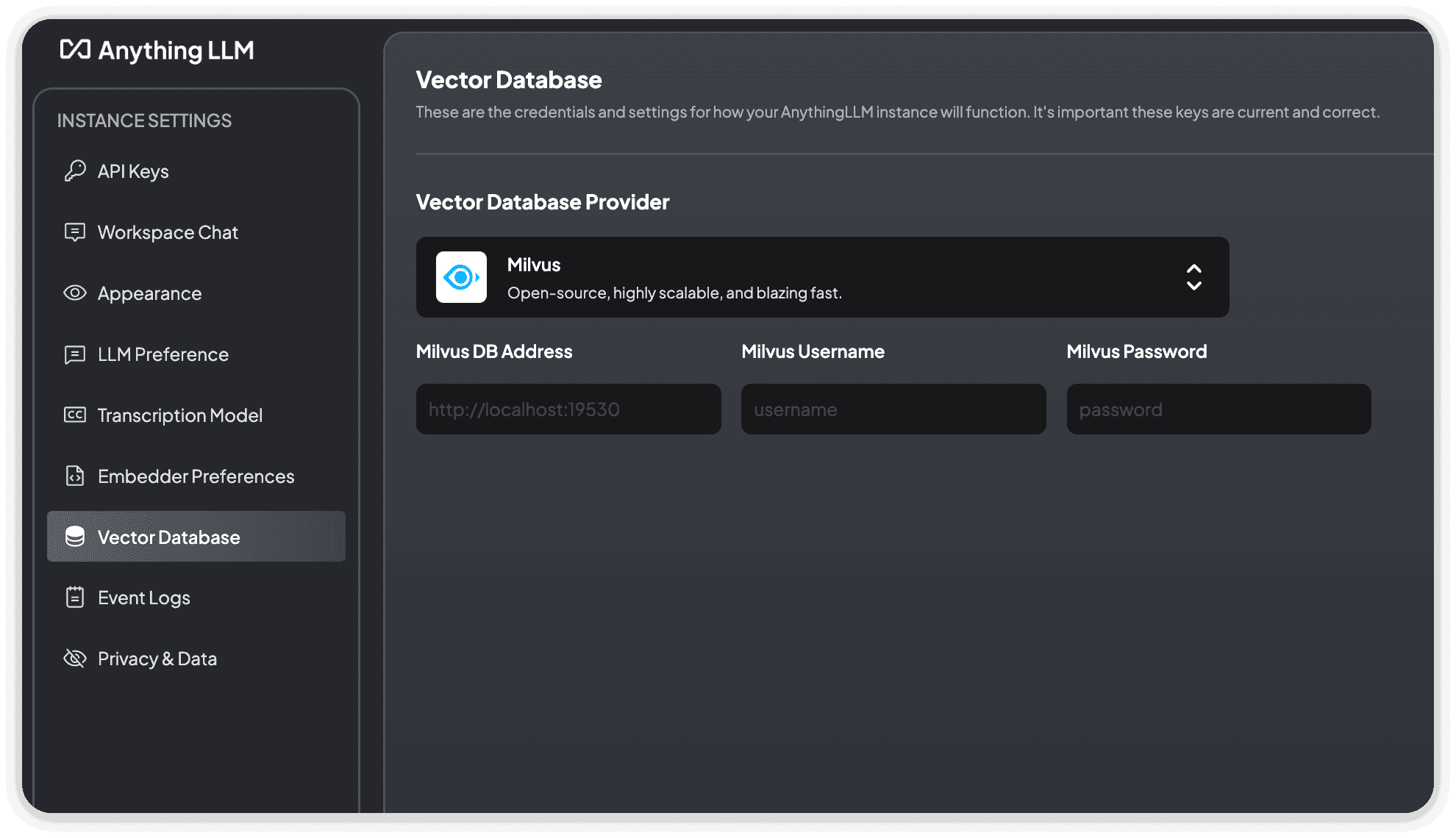 Milvus Vector Database Settings