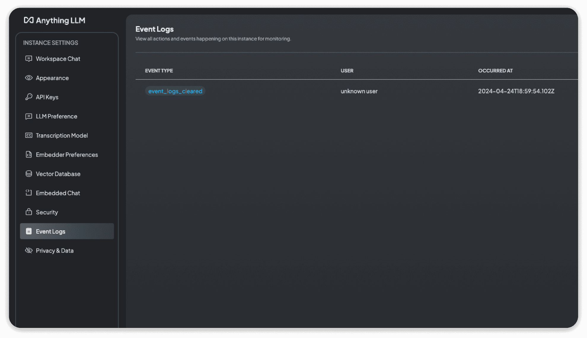 AnythingLLM Event Logs