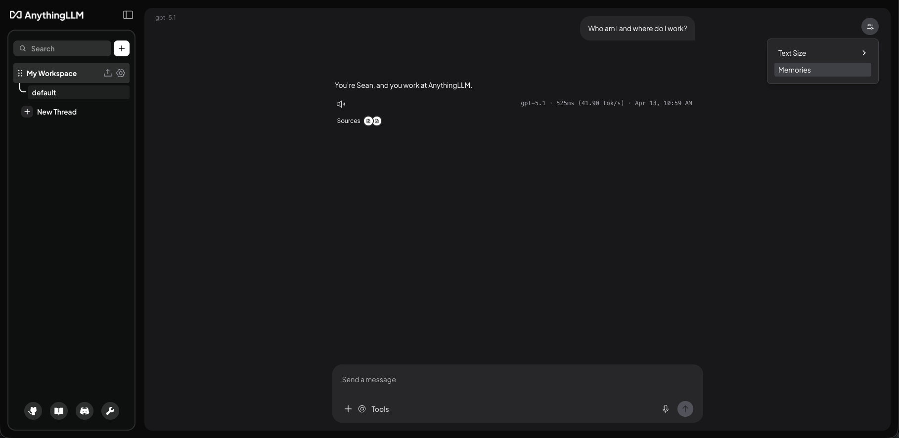 Opening the Memories sidebar from the chat settings menu