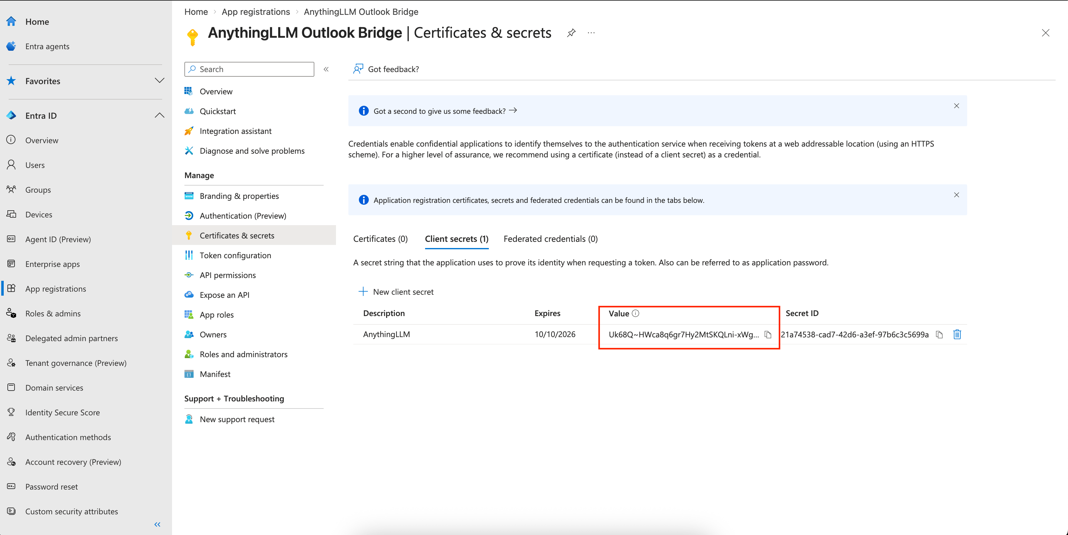 AnythingLLM AI Agents Outlook Agent Copy Client Secret