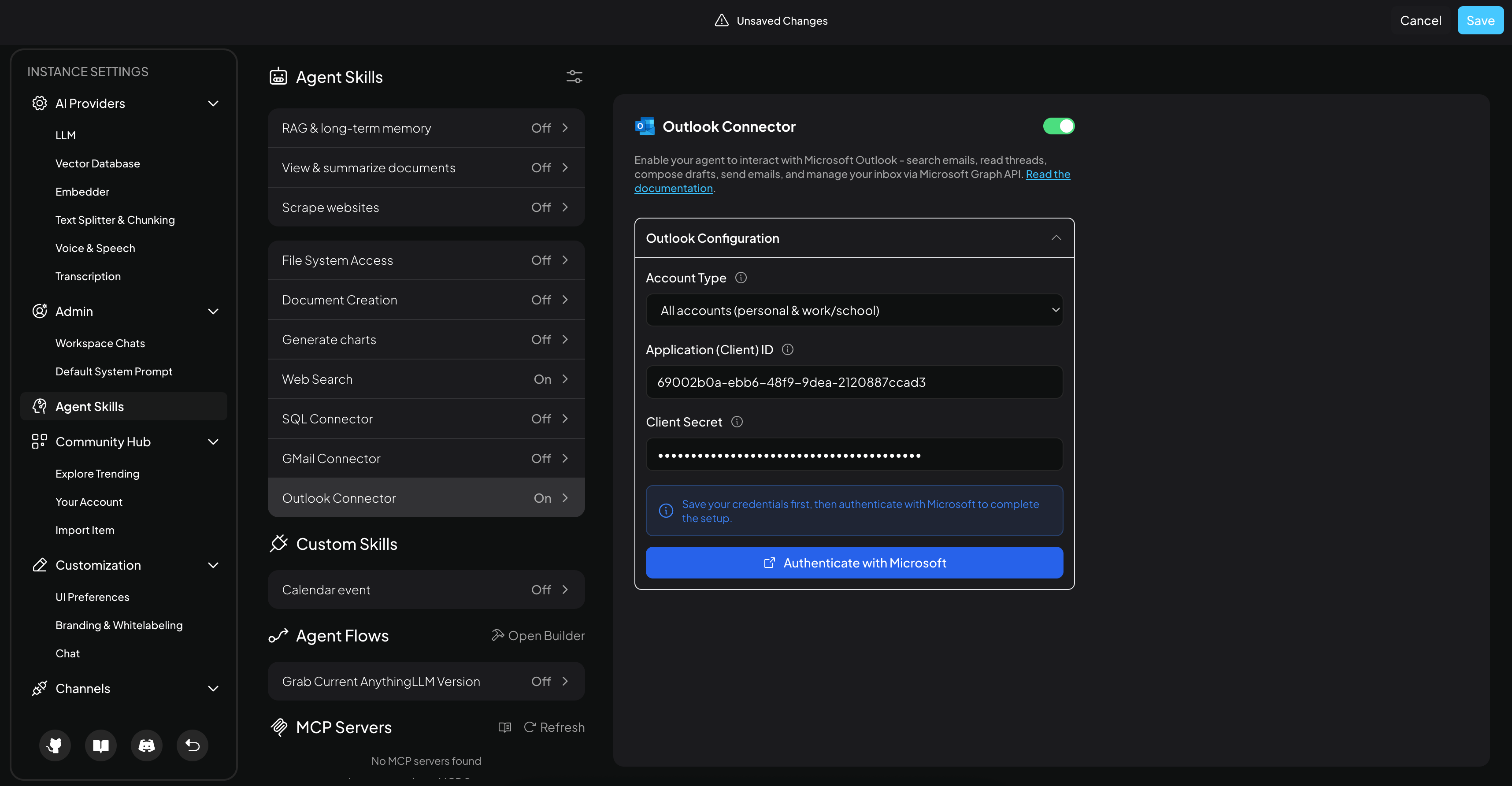 AnythingLLM AI Agents Outlook Agent Start Auth Flow
