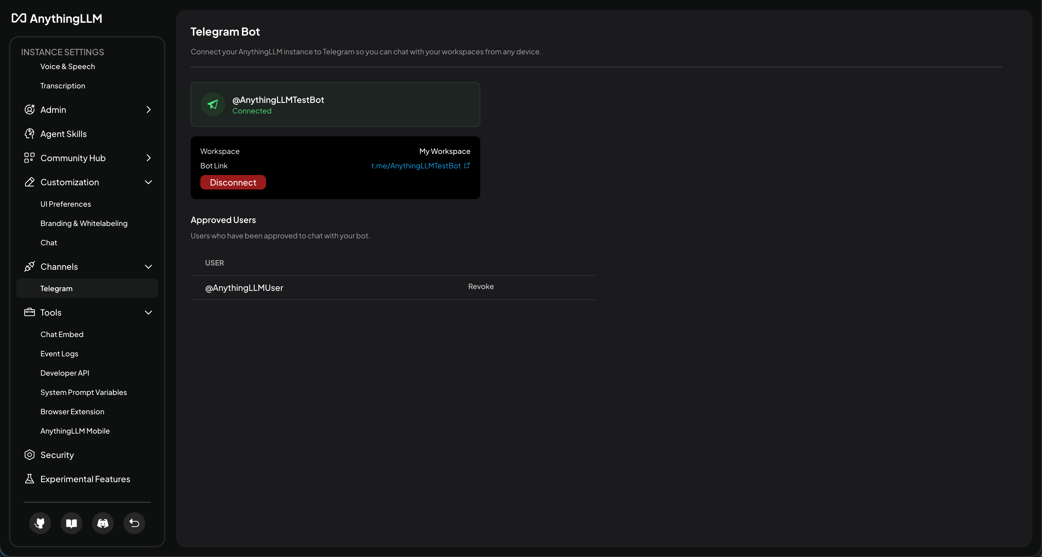 AnythingLLM Telegram connected view with user management