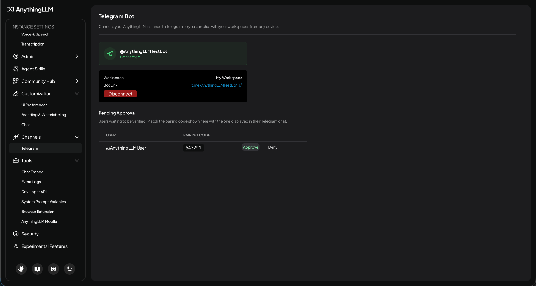 AnythingLLM Telegram user verification with pairing code