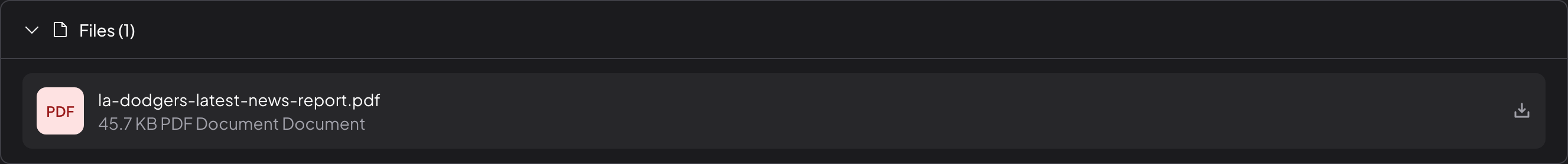 Expanded Files section showing a PDF file generated by the run with a download button