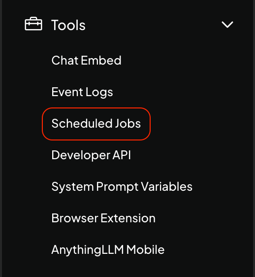 Settings sidebar with the Tools section expanded and Scheduled Jobs highlighted