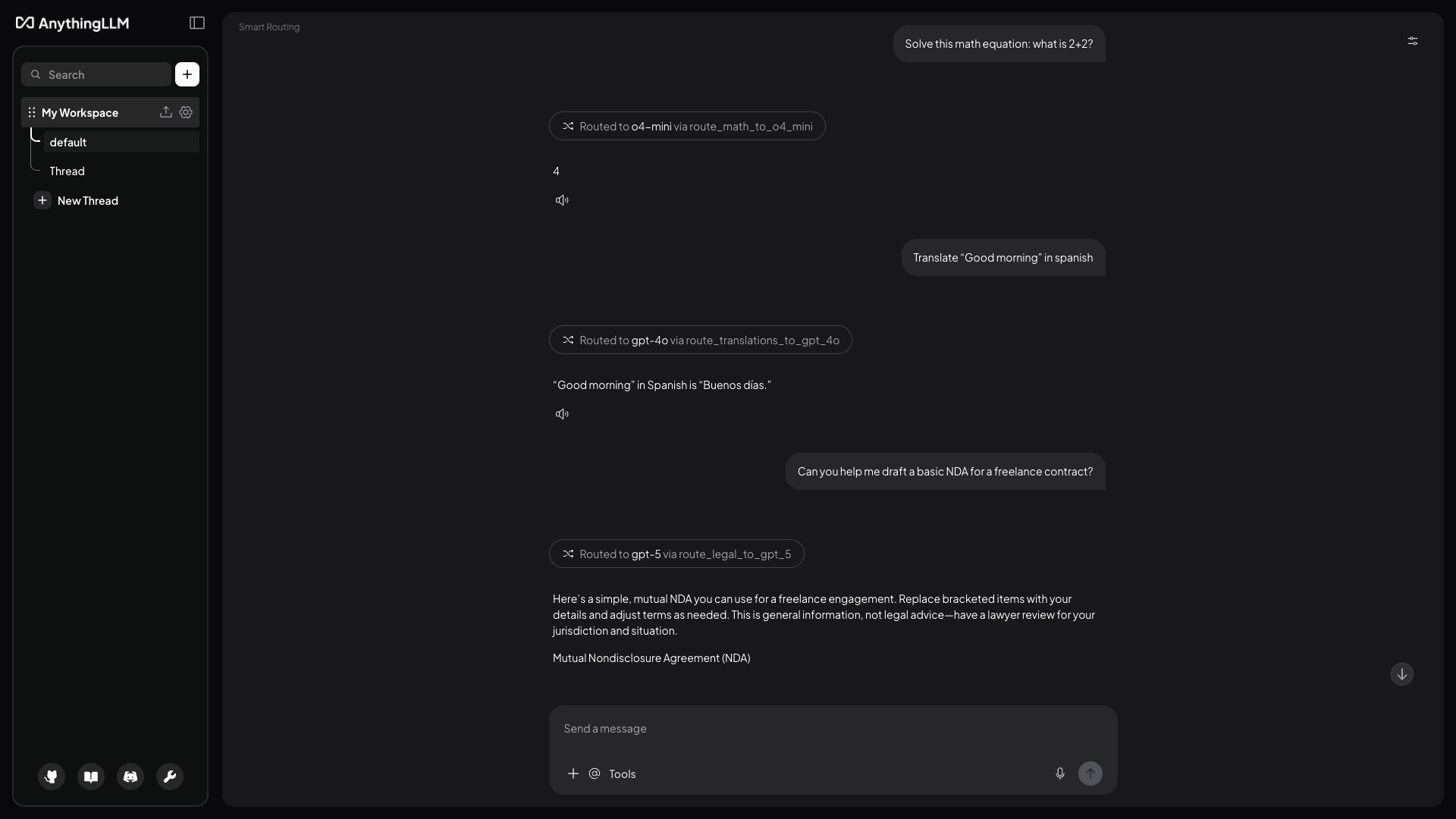 Chat showing routing notifications above each response
