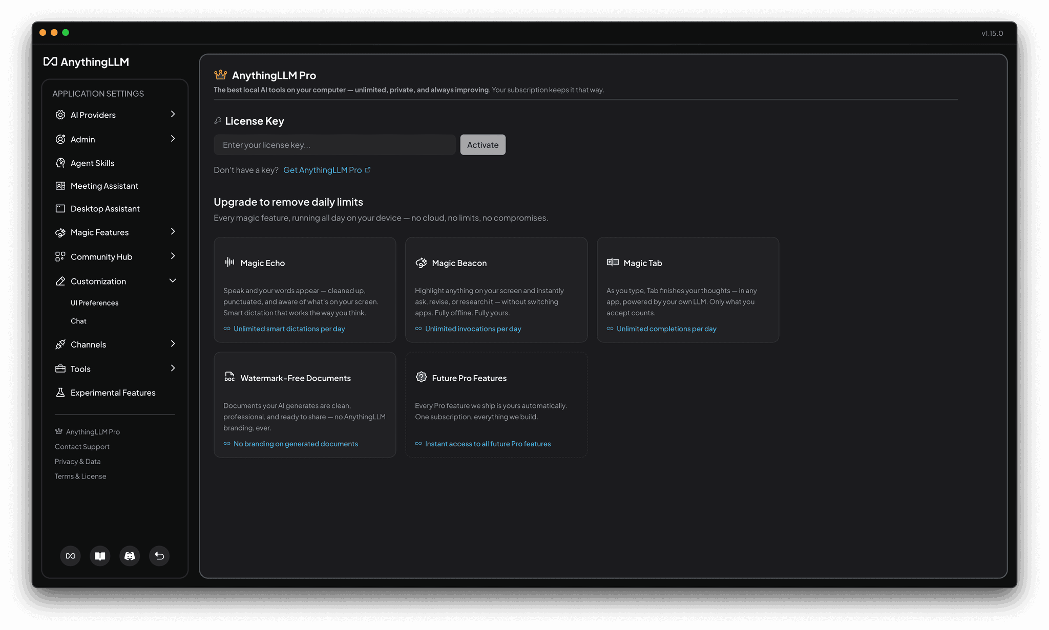 AnythingLLM Pro settings page