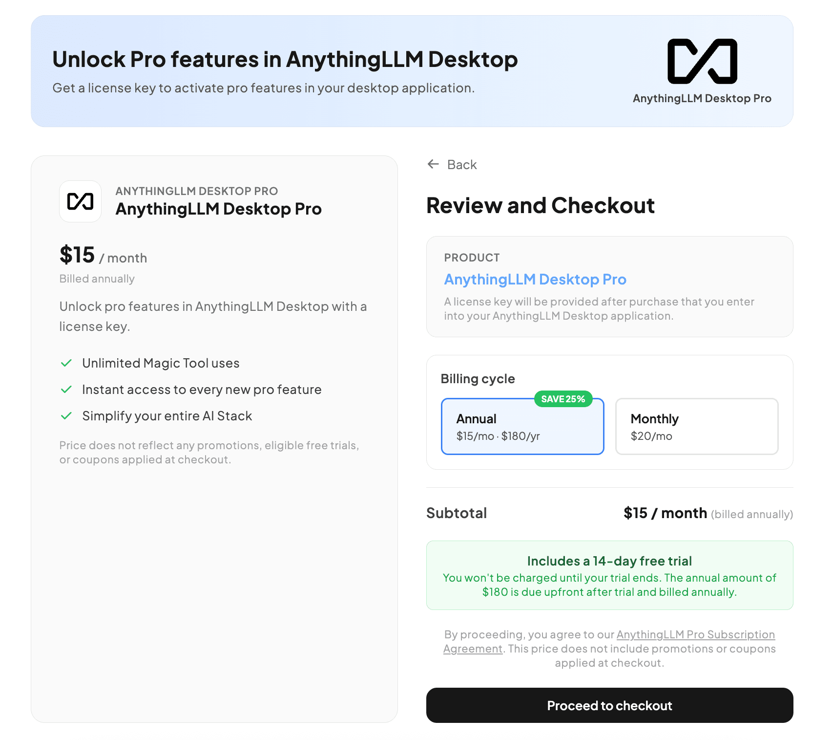 AnythingLLM Pro checkout page