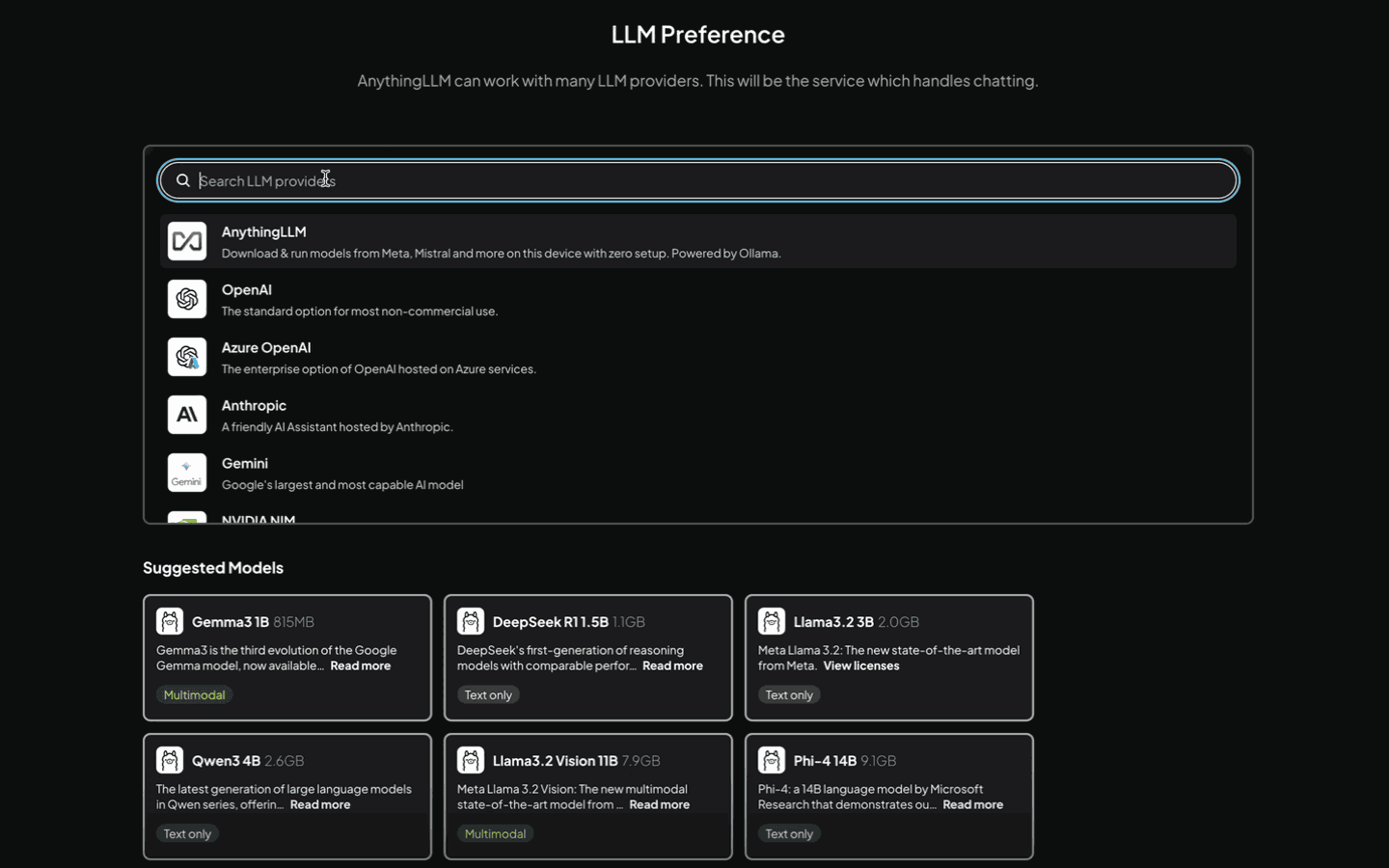 AnythingLLM settings page showing LLM provider selection interface