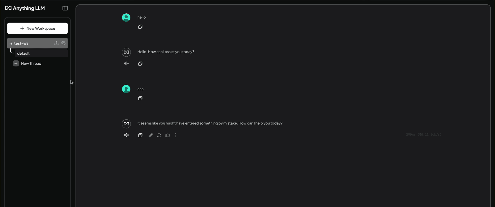 AnythingLLM chat interface showing successful test message with TrueFoundry integration