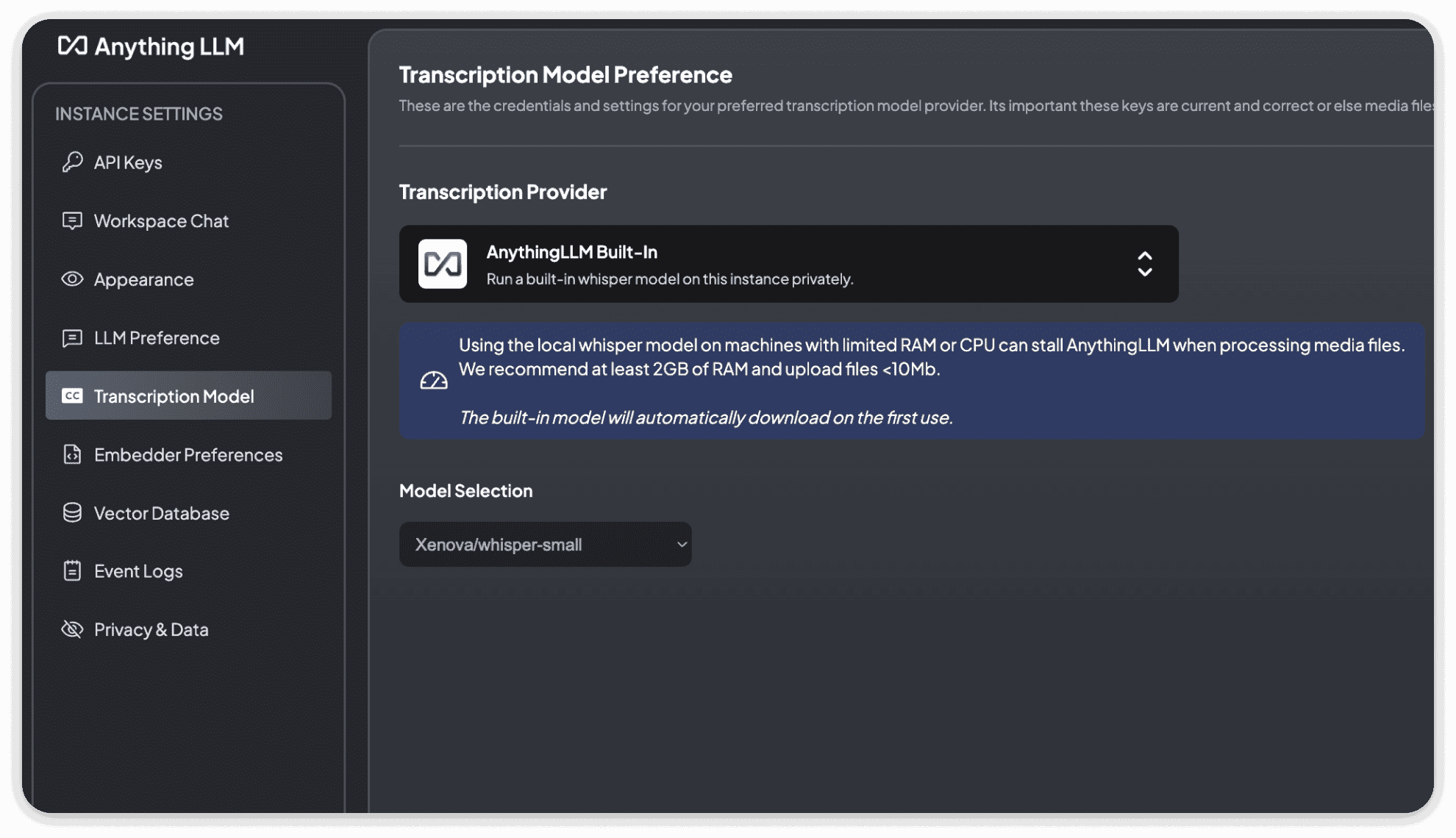 AnythingLLM Default Transcription Model Settings