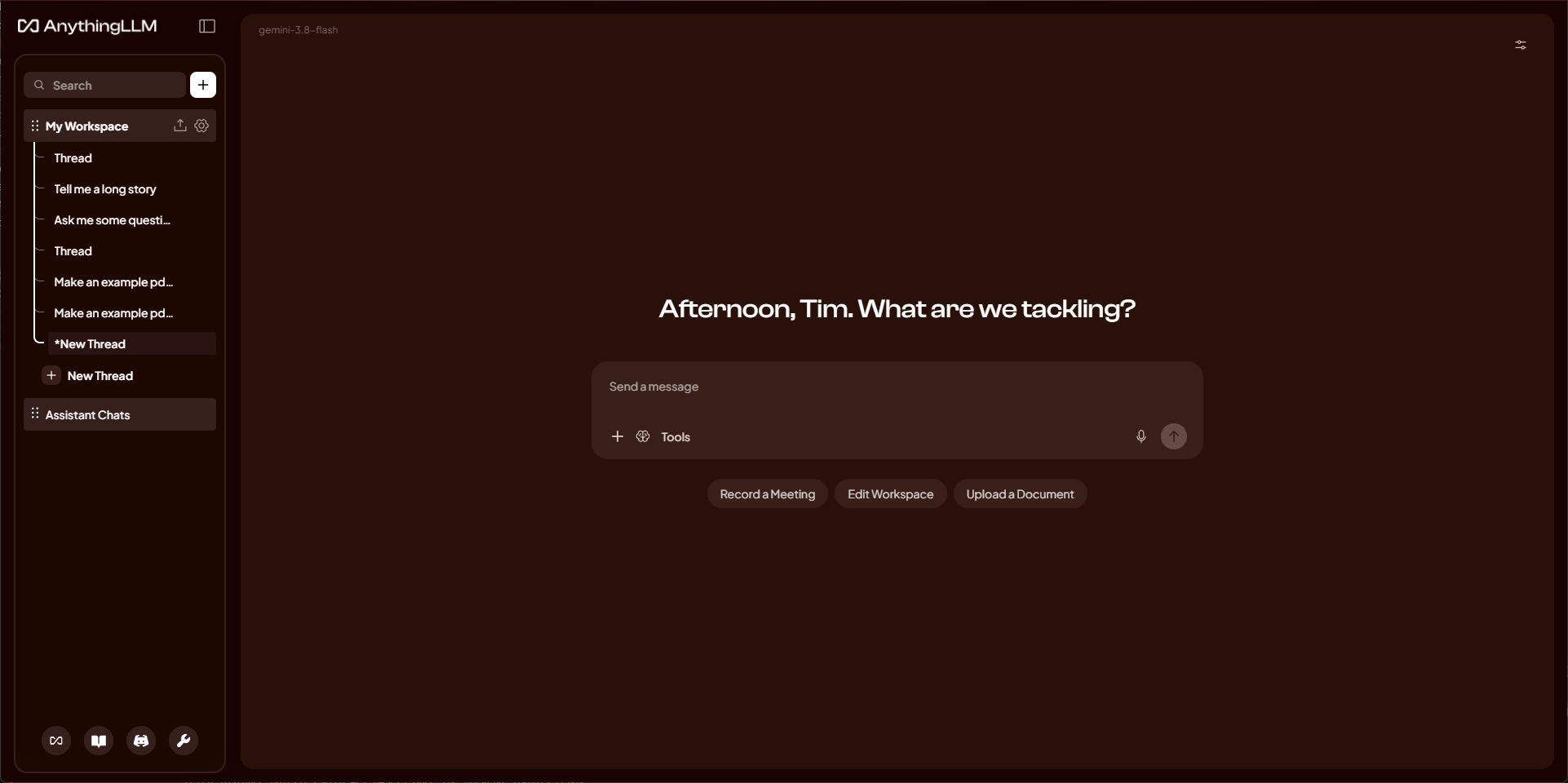 AnythingLLM home screen with the Ember color palette